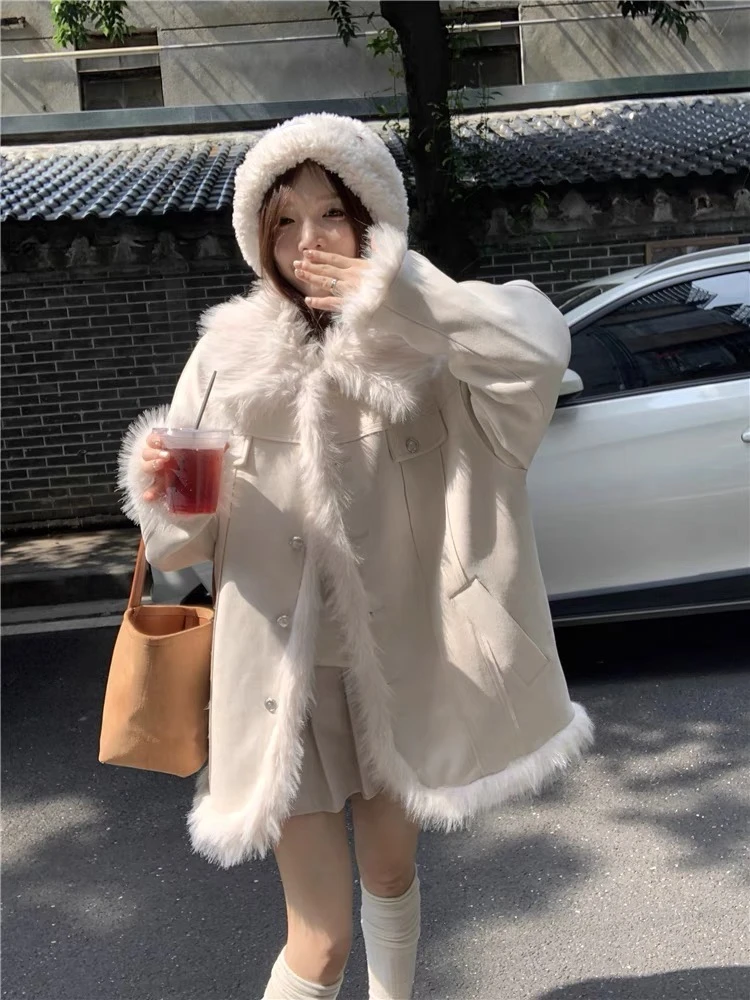 【XZQH7】皮毛拼接一体新款翻领毛绒外套冬季中长款加厚保暖上衣