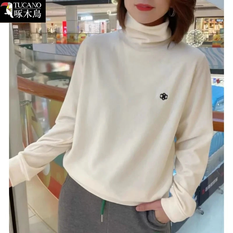 啄木鸟长袖舒适高领刺绣打底衫2025年新款秋冬德绒加厚保暖上衣女