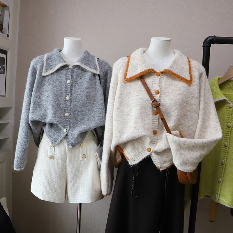 2025秋冬新款韩版时尚撞色百搭宽松显瘦开衫洋气毛衣针织外套女