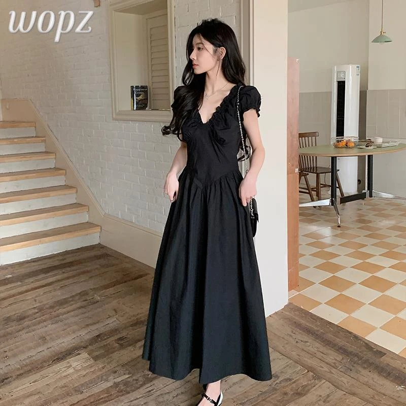 法式小众绝美显瘦连衣裙女夏201451黑色中长款连衣裙