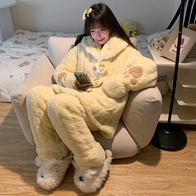 三层夹棉加厚睡衣女款秋冬季湖南省省服珊瑚绒可爱布丁狗家居服厚