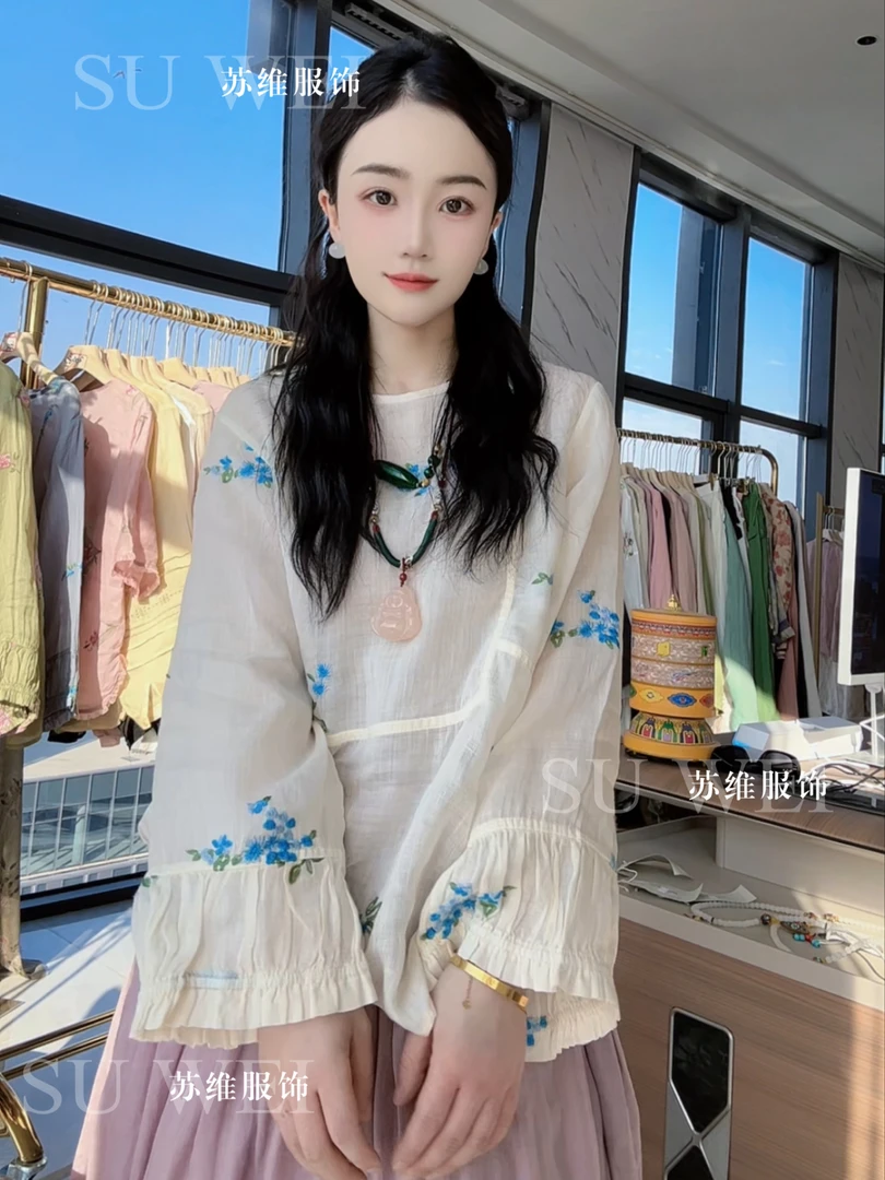 9300圆领苎麻春夏薄款衬衫新中式绣花印花时尚中国风