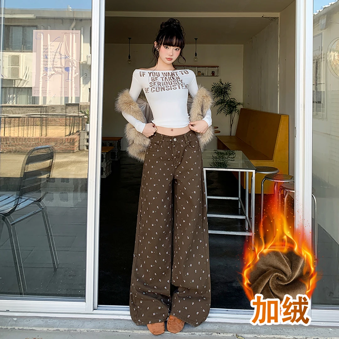 美式复古碎花牛仔加绒秋冬新款长裤阔腿舒适拖地休闲百搭慵懒风