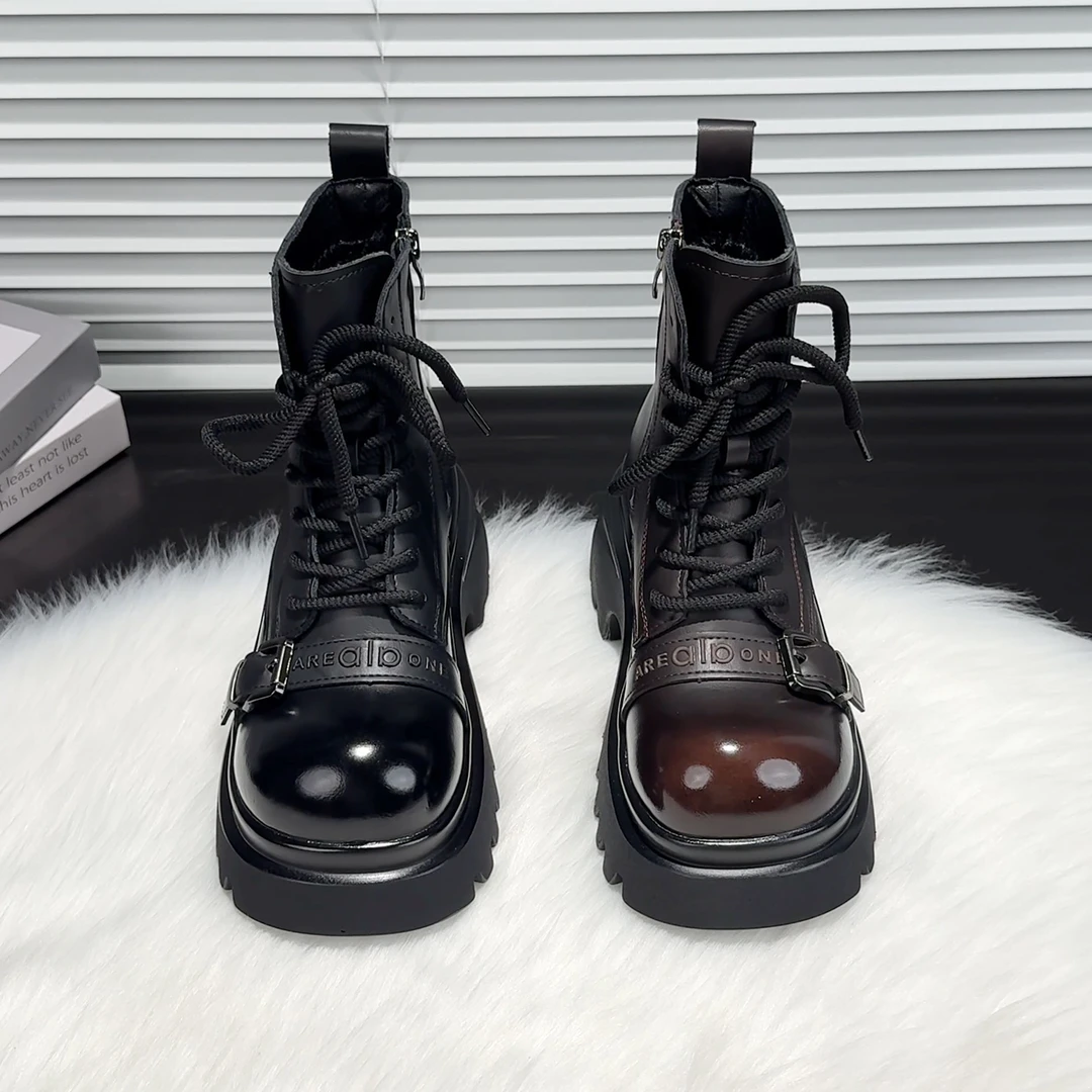 复古厚底马丁靴女2025年秋冬新款加绒英伦圆头短靴小个子增高显瘦