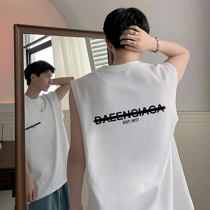 2025新款宽松圆领无袖背心T恤男美式复古潮流帅气小众ins运动打底