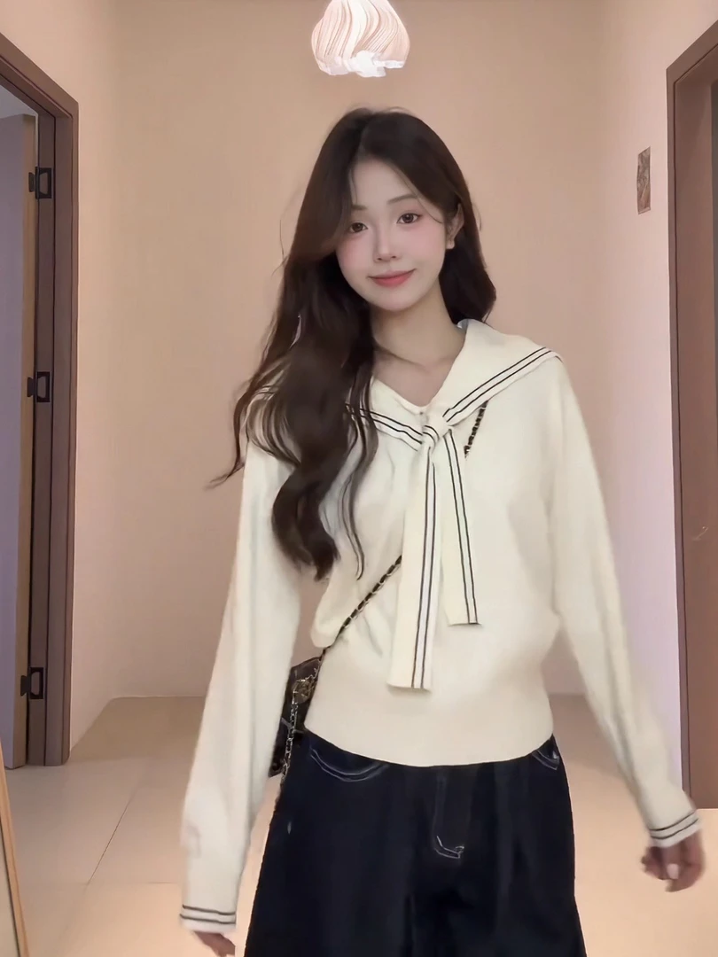 韩系学院风海军领针织衫女秋高级感减龄温柔优雅百搭遮肉显瘦毛衣