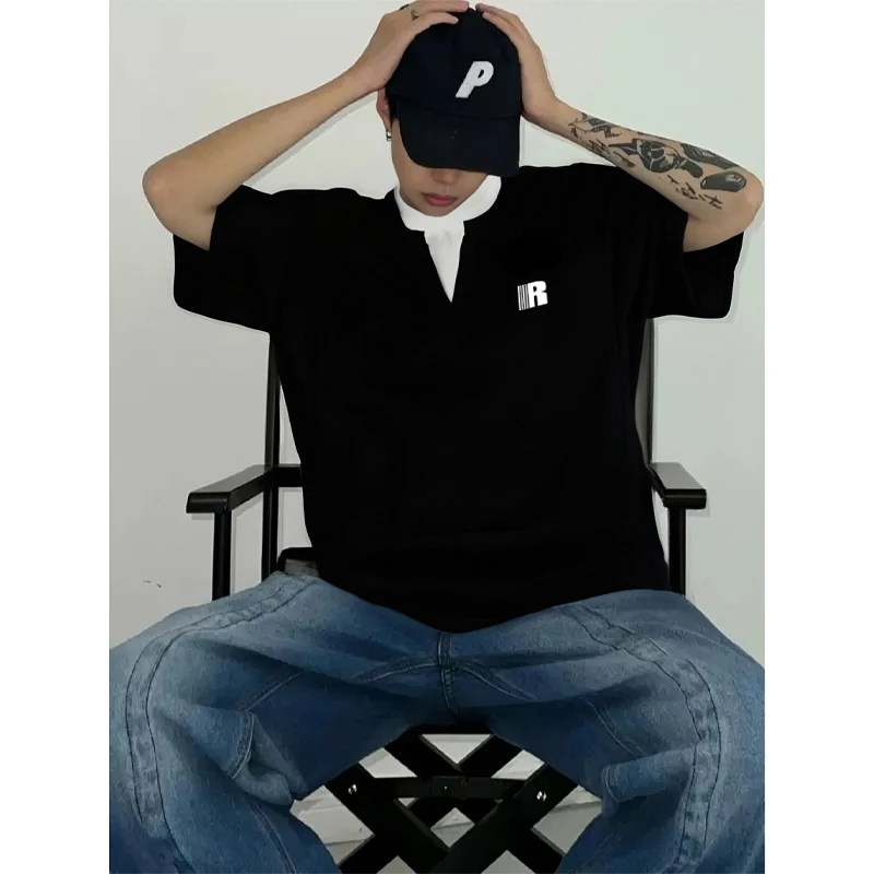 labzaa美式简约字母印花假两件短袖t恤男夏季V领纯棉休闲宽松上衣