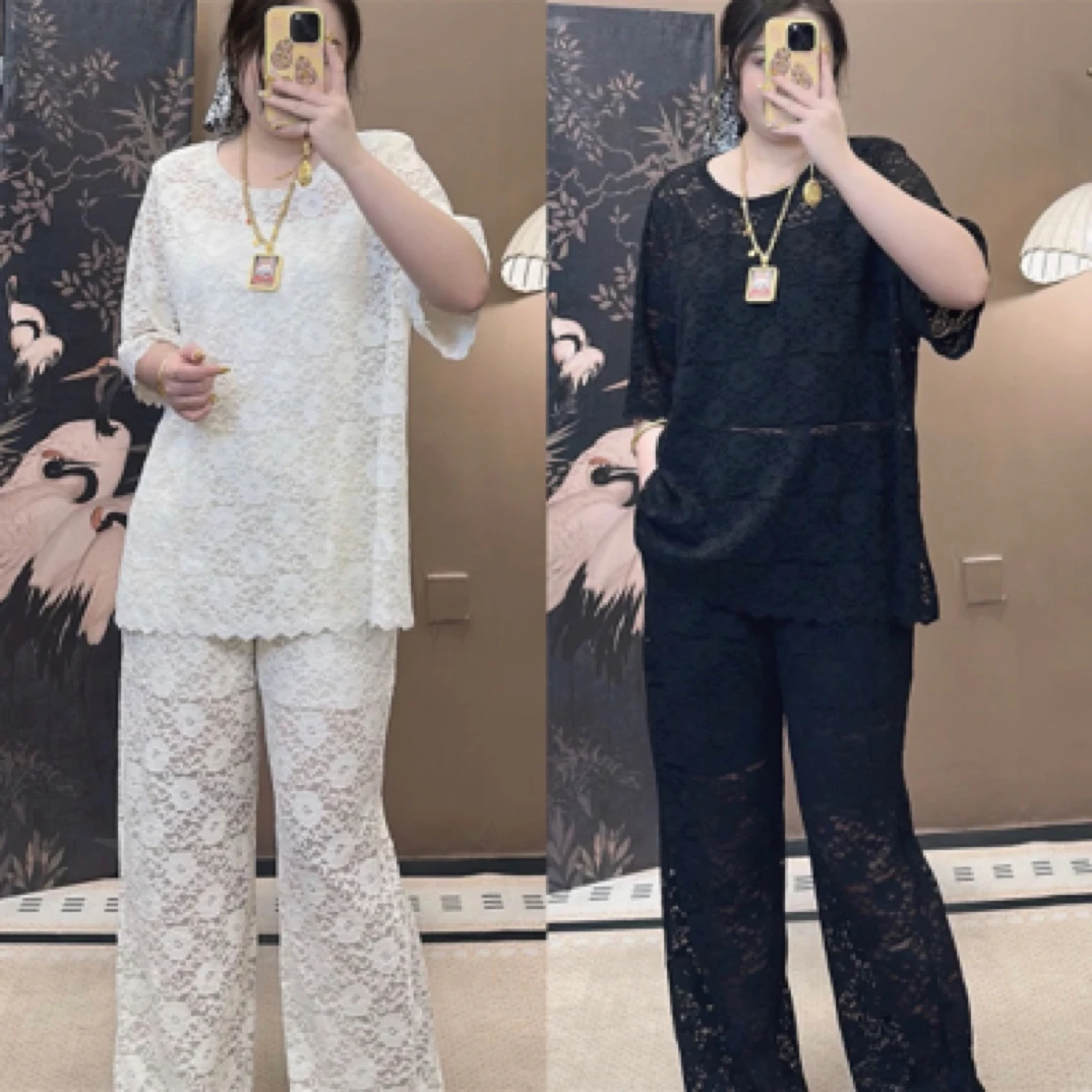 高定显瘦蕾丝阔腿裤套装