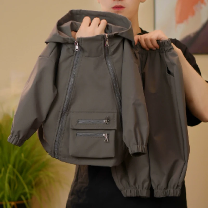 【珍宝推荐】儿童冲锋衣套装新款秋季男女童工装休闲连帽外套夹克