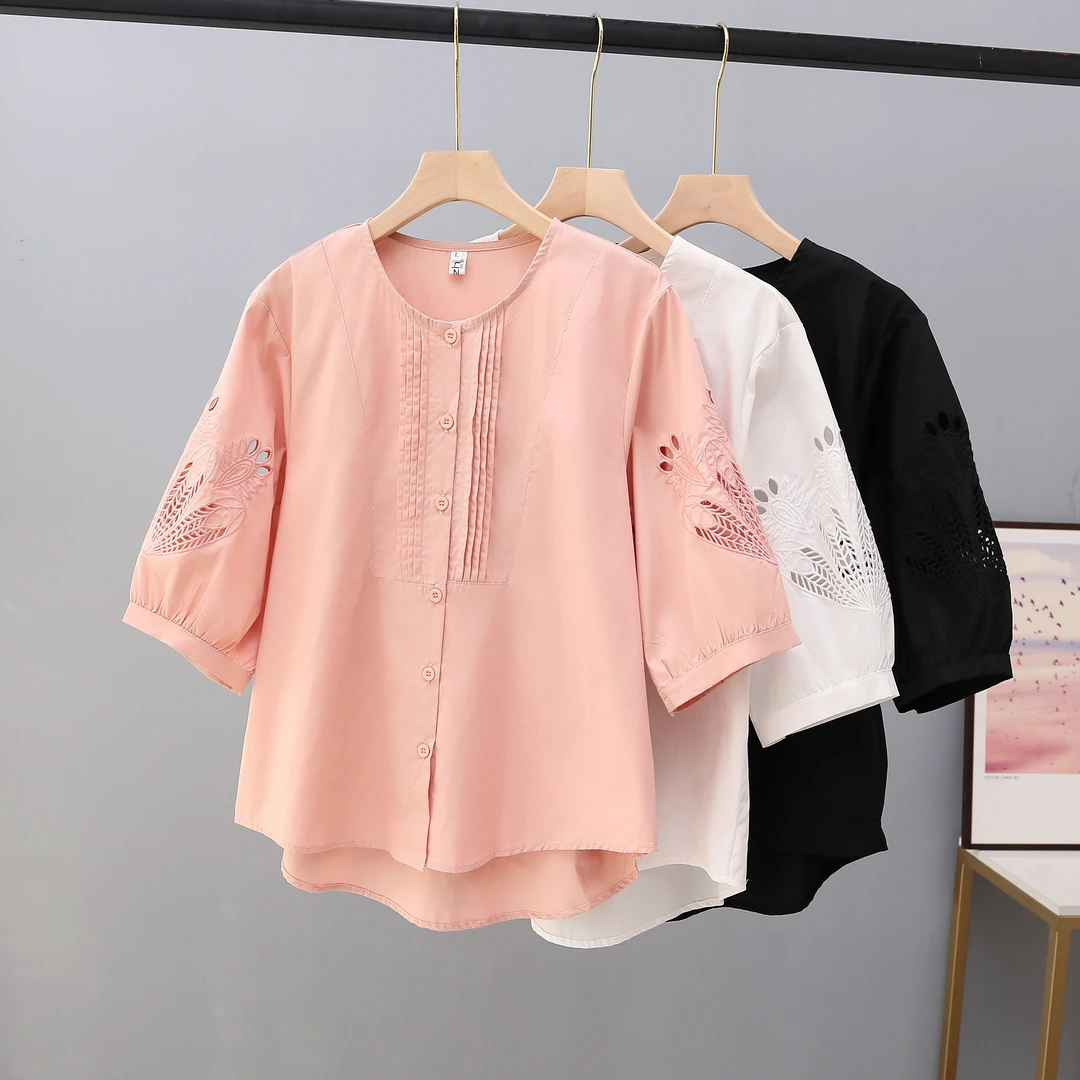 纯棉2025夏季新款镂空绣花短袖衬衫女高级感时尚宽松休闲减龄上衣