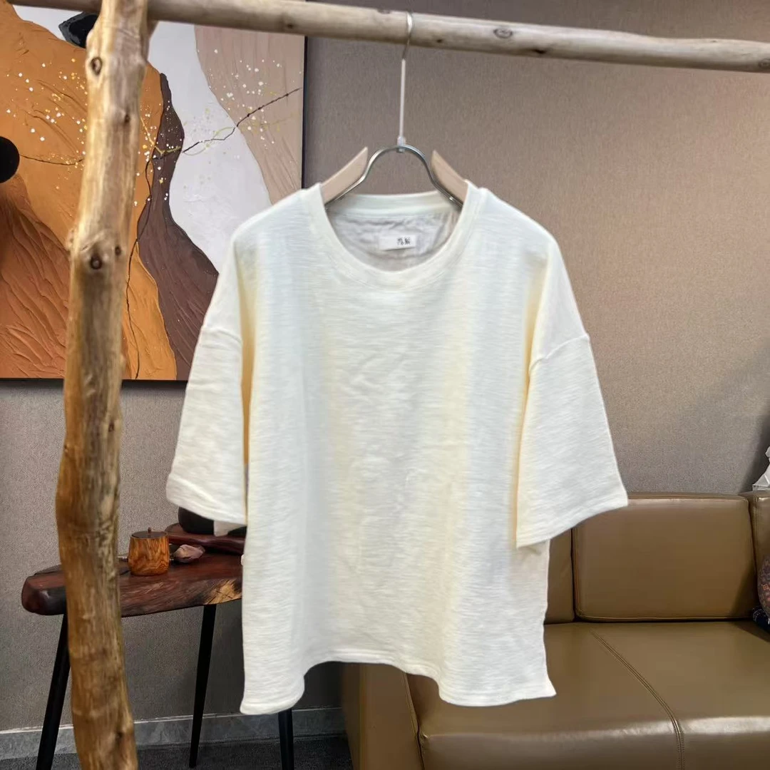 【隐叙原创】Z116春夏新款皱皱棉全棉简约纯色休闲T恤上衣