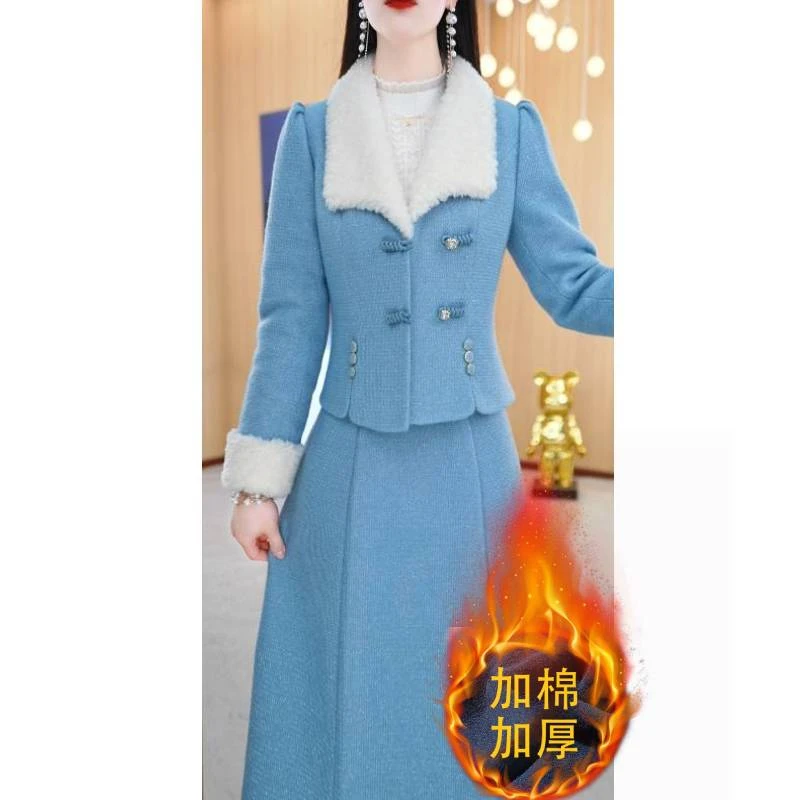 【两件套】冬季翻领加厚收腰通勤中长款两件套裙M-4XL