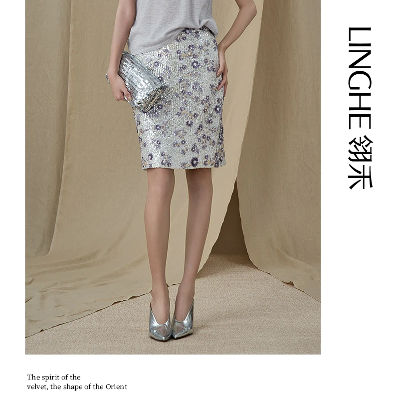 翎禾LINGHE-「花满市」夏季时尚休闲优雅轻奢珠片花朵短款半身裙