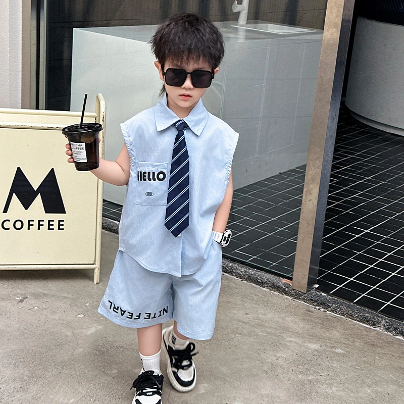 男童夏装套装2025新款儿童夏季韩版无袖衬衫痞帅男宝宝炸街衣服潮