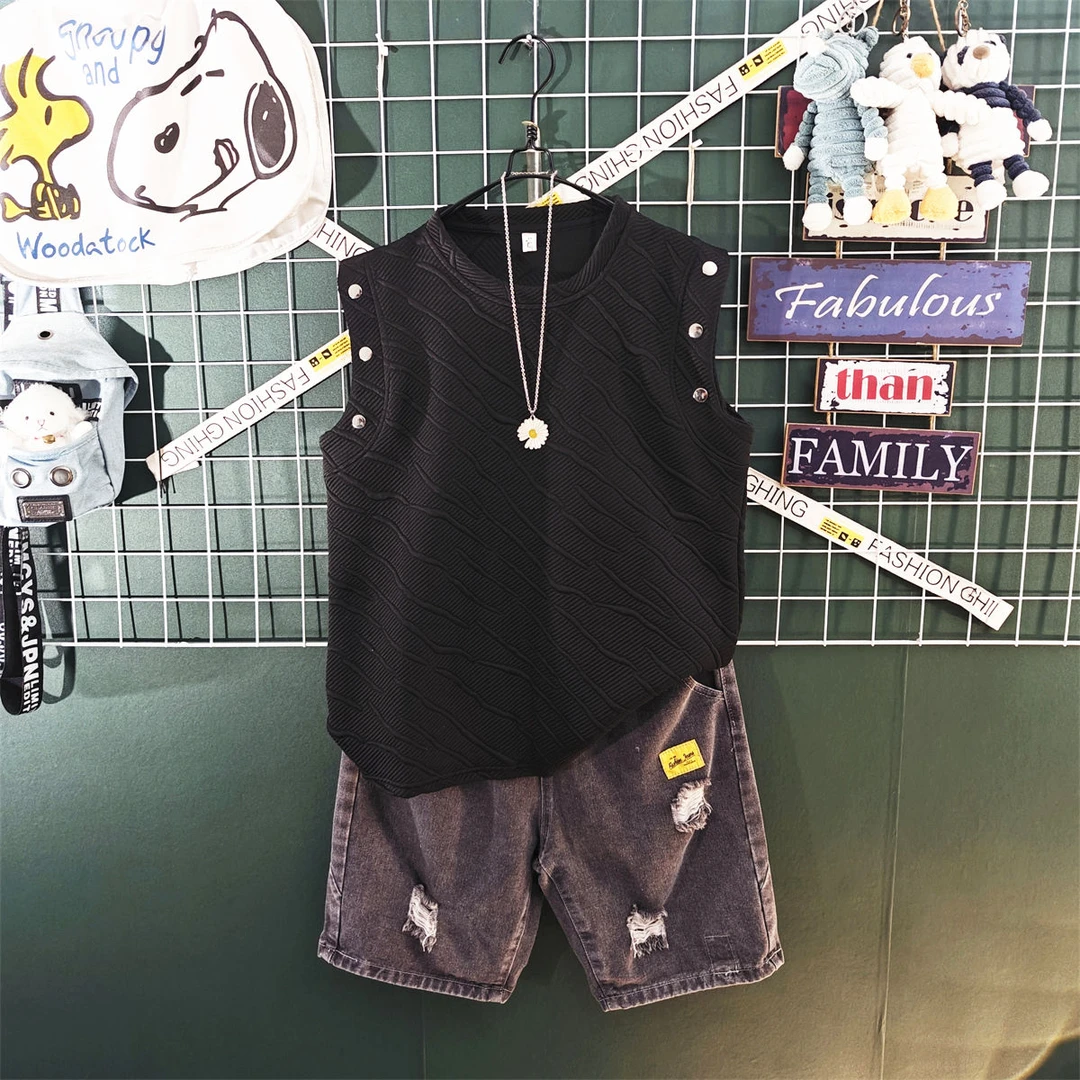 日系夏装排扣设计无袖背心男生宽松休闲两件套装男痞帅穿搭一整套