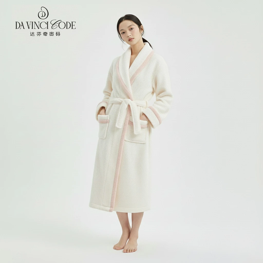 DAVINCIART白色加绒保暖毛绒家居服女士圆领秋冬季睡衣加厚睡袍