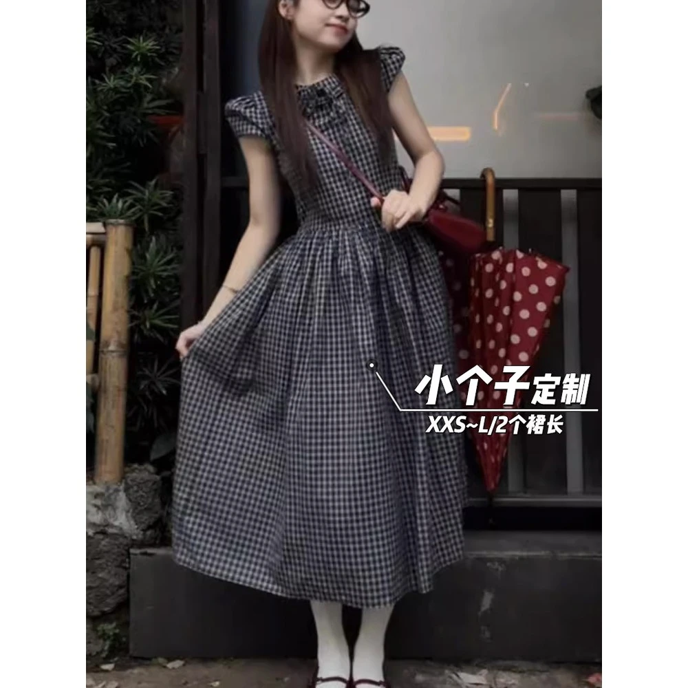木耳边格子复古连衣裙女夏季150小矮个子法式显瘦收腰中长款a字裙