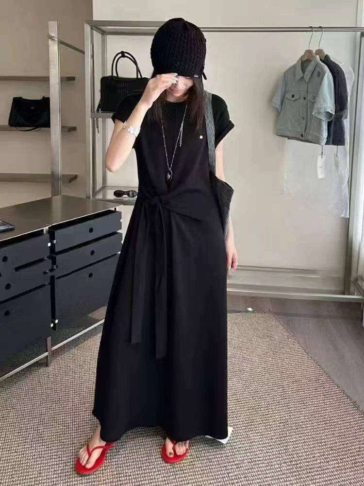 蝙蝠袖绑带连衣裙女长款2025夏新款时尚收腰显瘦纯棉T恤裙