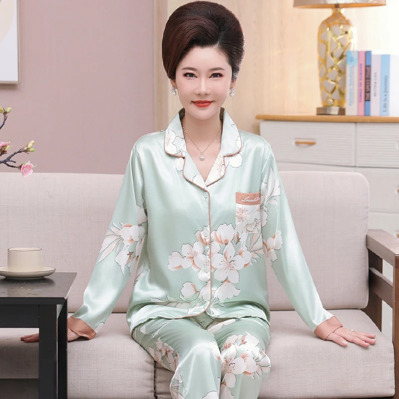 带胸垫妈妈睡衣长袖冰丝薄款春夏季中年妇女士家居服加大码两件套