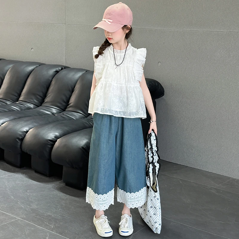 女童夏季套装2025新款洋气中大童飞袖娃娃衫童装薄款阔腿裤两件套