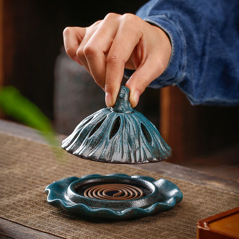 手工创意陶瓷香薰炉莲蓬盘香炉禅意熏香家用室内檀香沉香炉香道摆