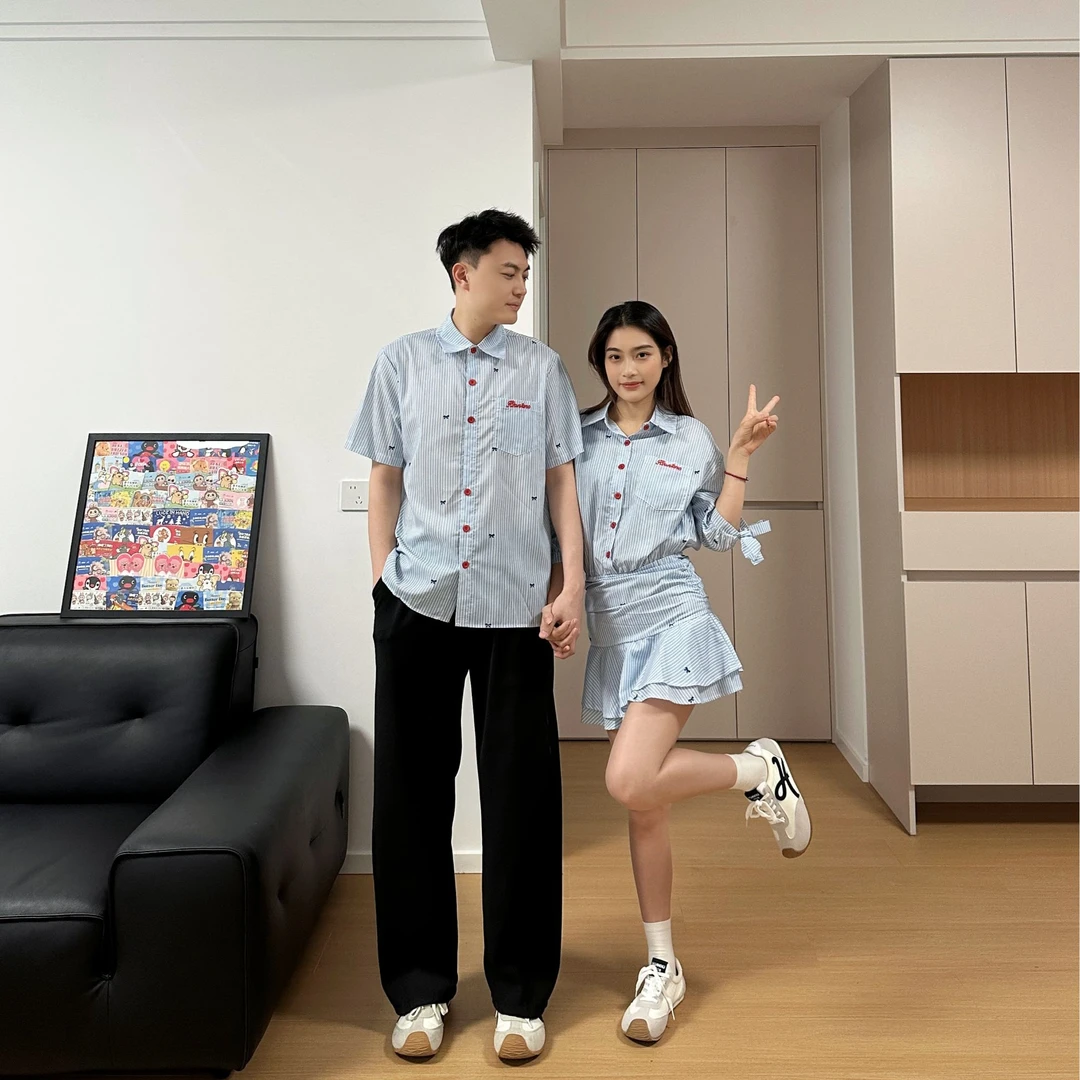 情侣装夏季日系学院风制服短袖条纹套头休闲潮流连衣裙男衬衣潮