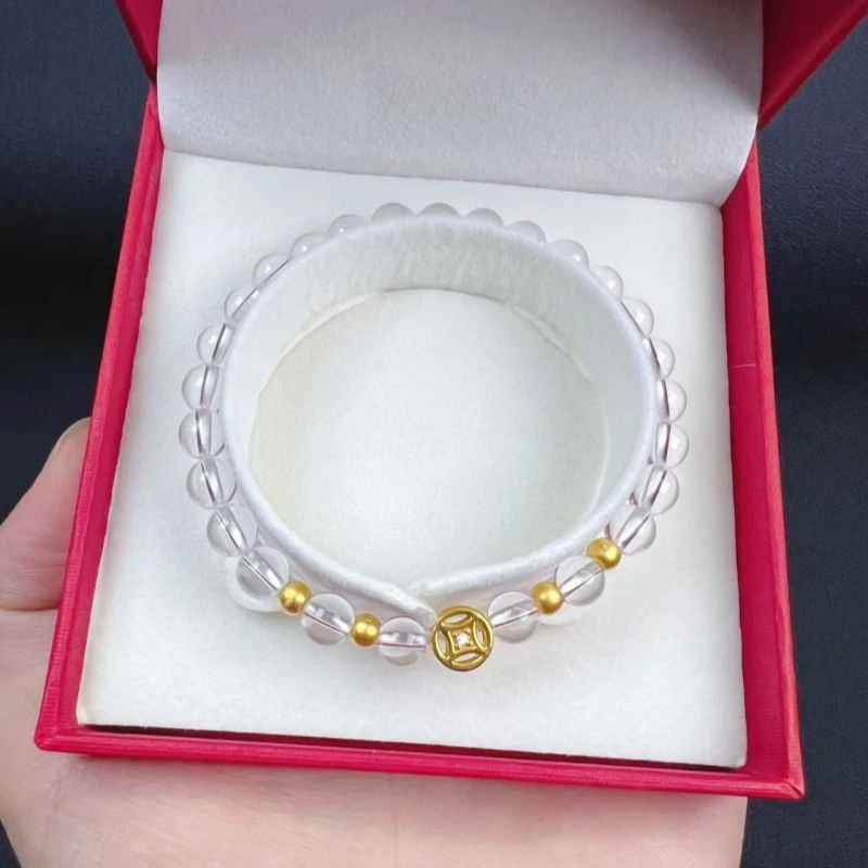 黄金足金999点钻钱币转运珠天然白水晶手链手串单圈送女朋友闺蜜
