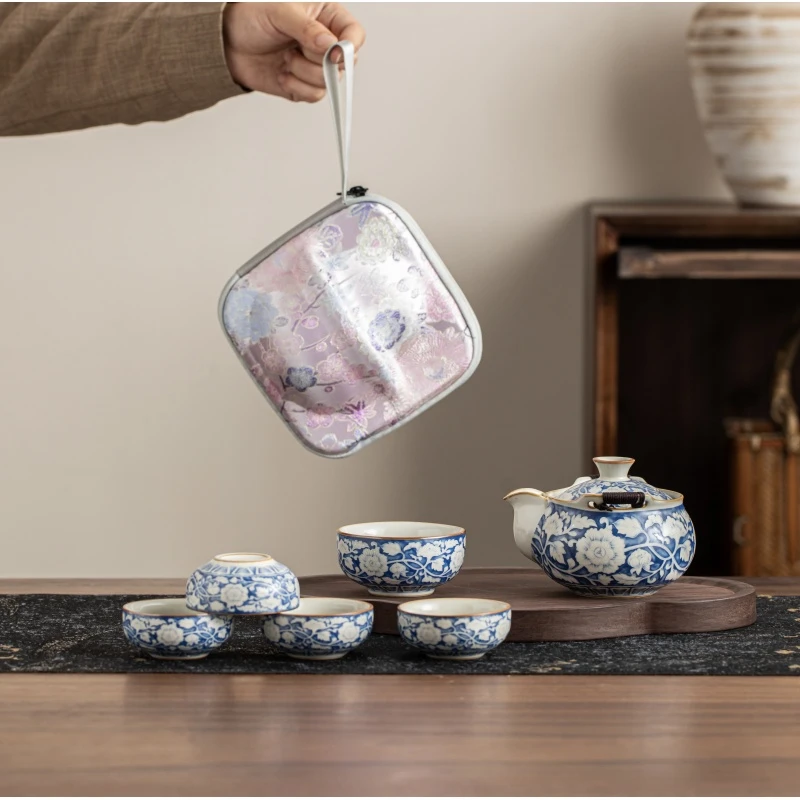 亦言堂五杯铁胎仿宋元青花旅行茶具（赠礼袋)by067