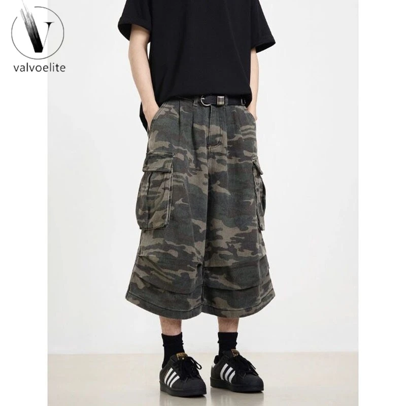VALVOELITE复古迷彩褶皱多口袋弯刀型工装短裤男春夏季美式松弛感