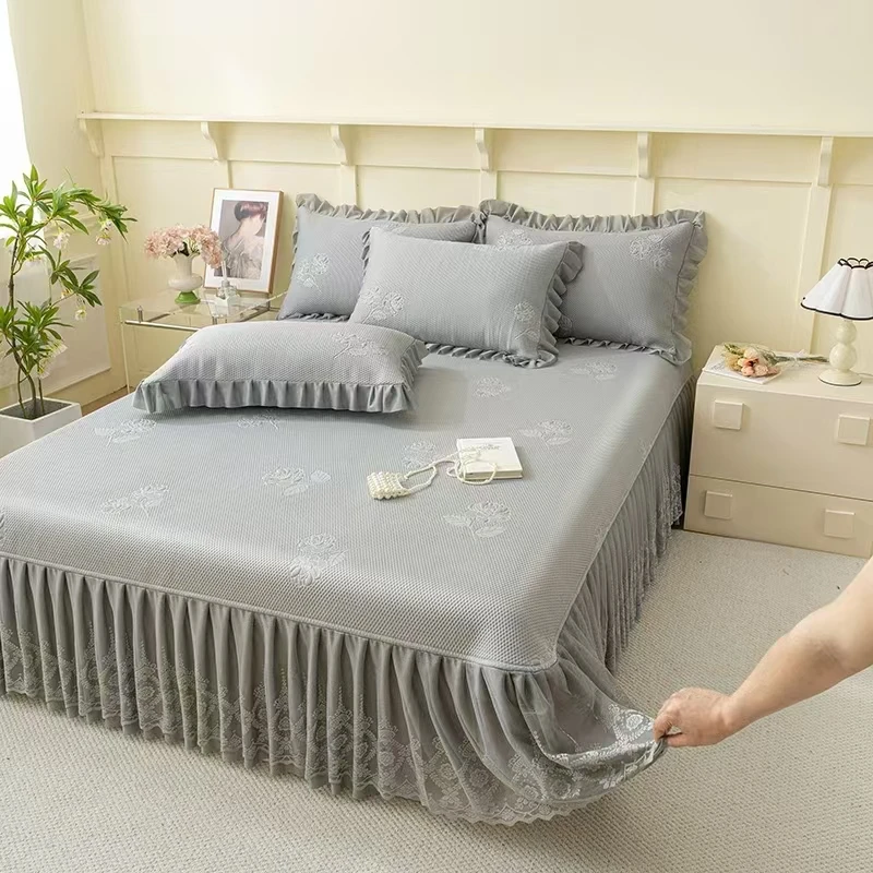 A类高端栀子花双层欧根纱豆豆凉席三件套