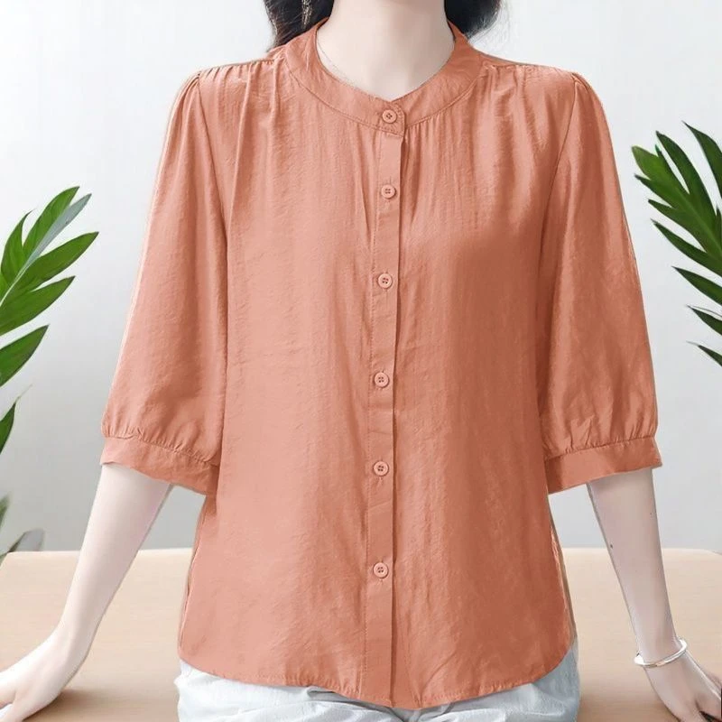 棉麻衬衫女七分袖上衣中袖夏季薄款宽松遮肚洋气新款高端亚麻衬衣