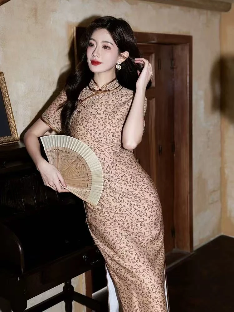 0773 棕色 碎花 【清欢‌】 旗袍