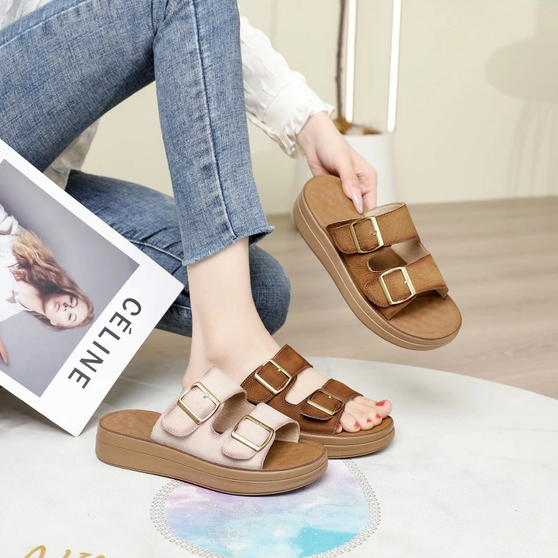 头层牛皮时尚潮款真皮拖鞋夏季休闲一字扣厚底松糕简约软底皮拖鞋