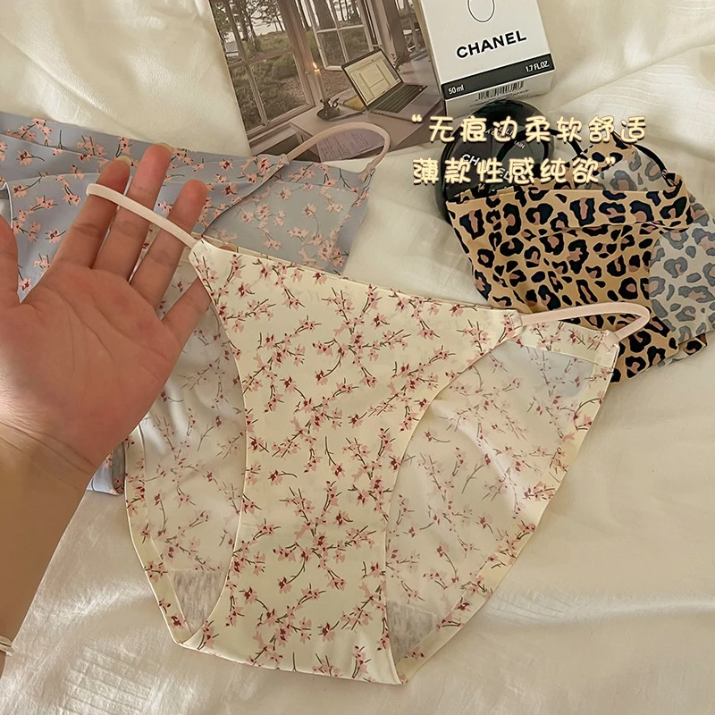 甜美碎花~日系冰丝内裤女低腰霸道性感豹纹碎花高开叉透气无痕