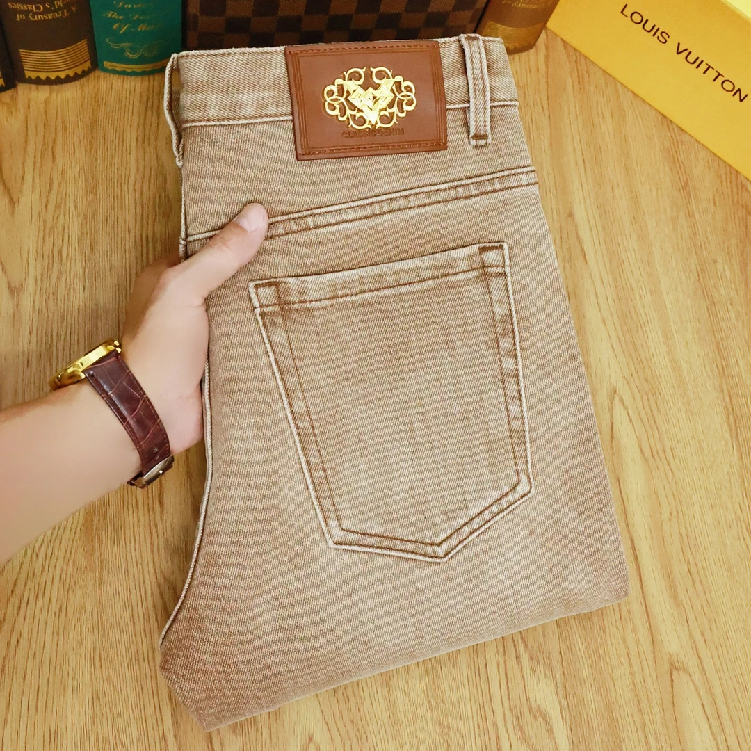 埃卢涅芬牛仔裤男秋冬季新品卡其色高端欧货修身小脚水洗长裤欧洲