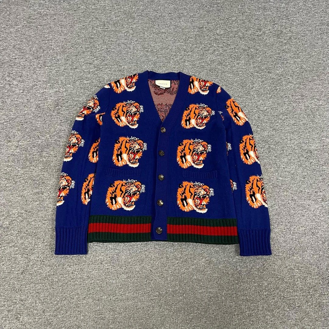 99新 GUCCI/古驰 蓝色 虎头满印嵌花 针织开衫 s码