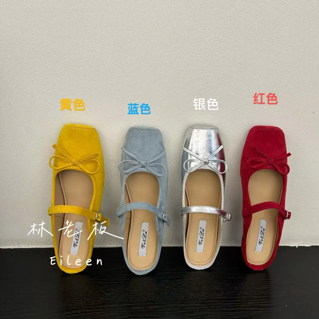 方头半拖鞋蝴蝶结设计甜美风玛丽珍鞋无后跟平底包头拖鞋