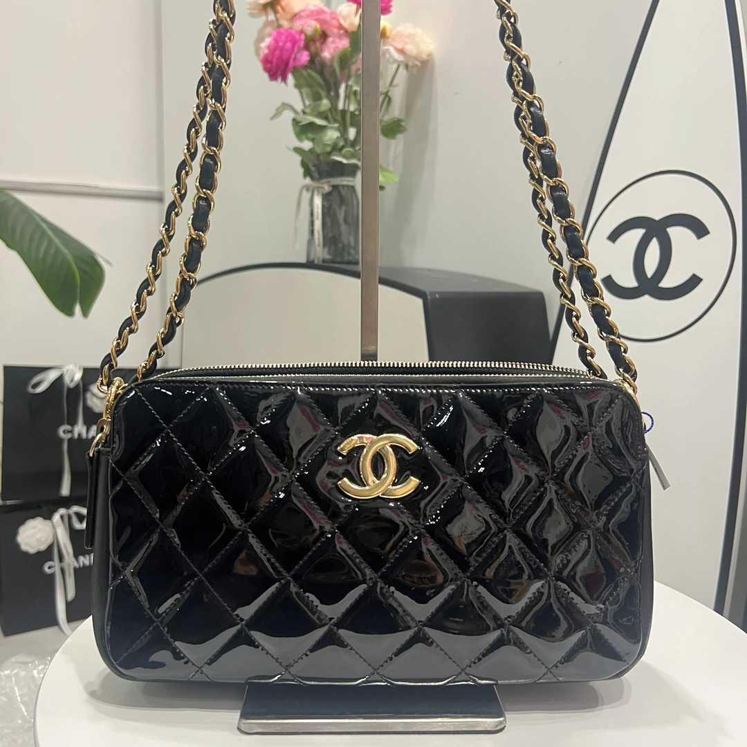 95新 Chanel/香奈儿 黑金漆皮双层相机/单肩时尚女士包