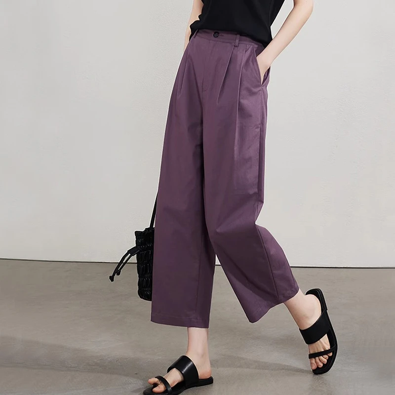 小个子九分休闲阔腿裤女夏季2025紫色裤子宽松显瘦高腰垂感直筒裤