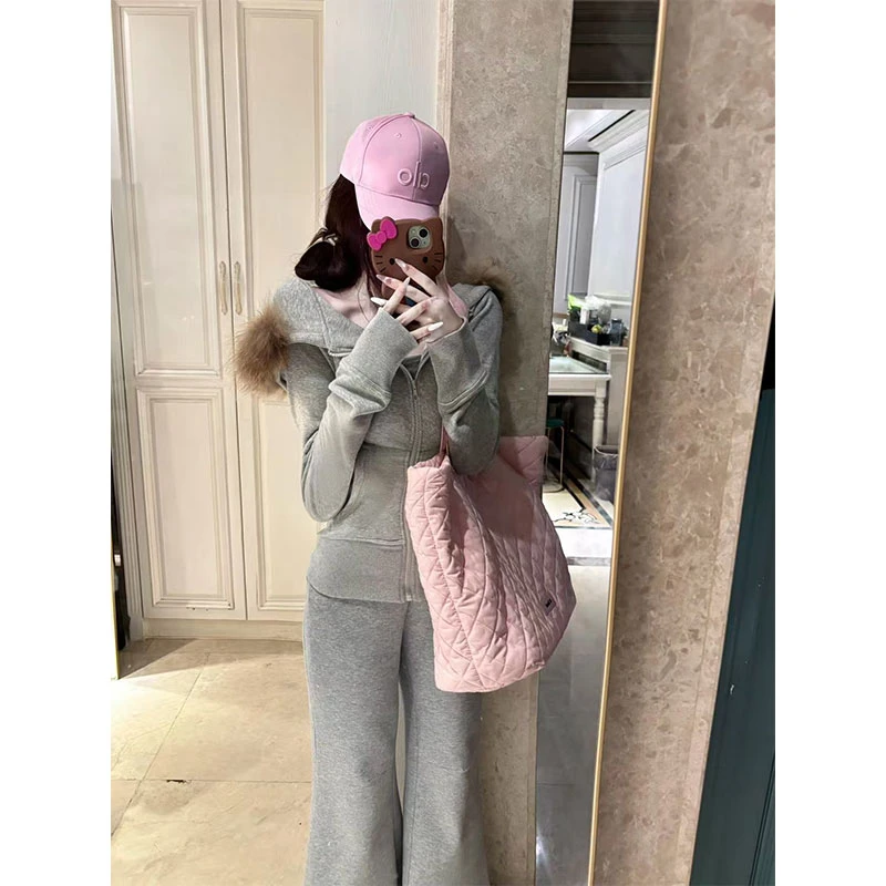 2025年秋季新款收腰毛领卫衣外套拉链修身帽衫女+休闲阔腿长裤女