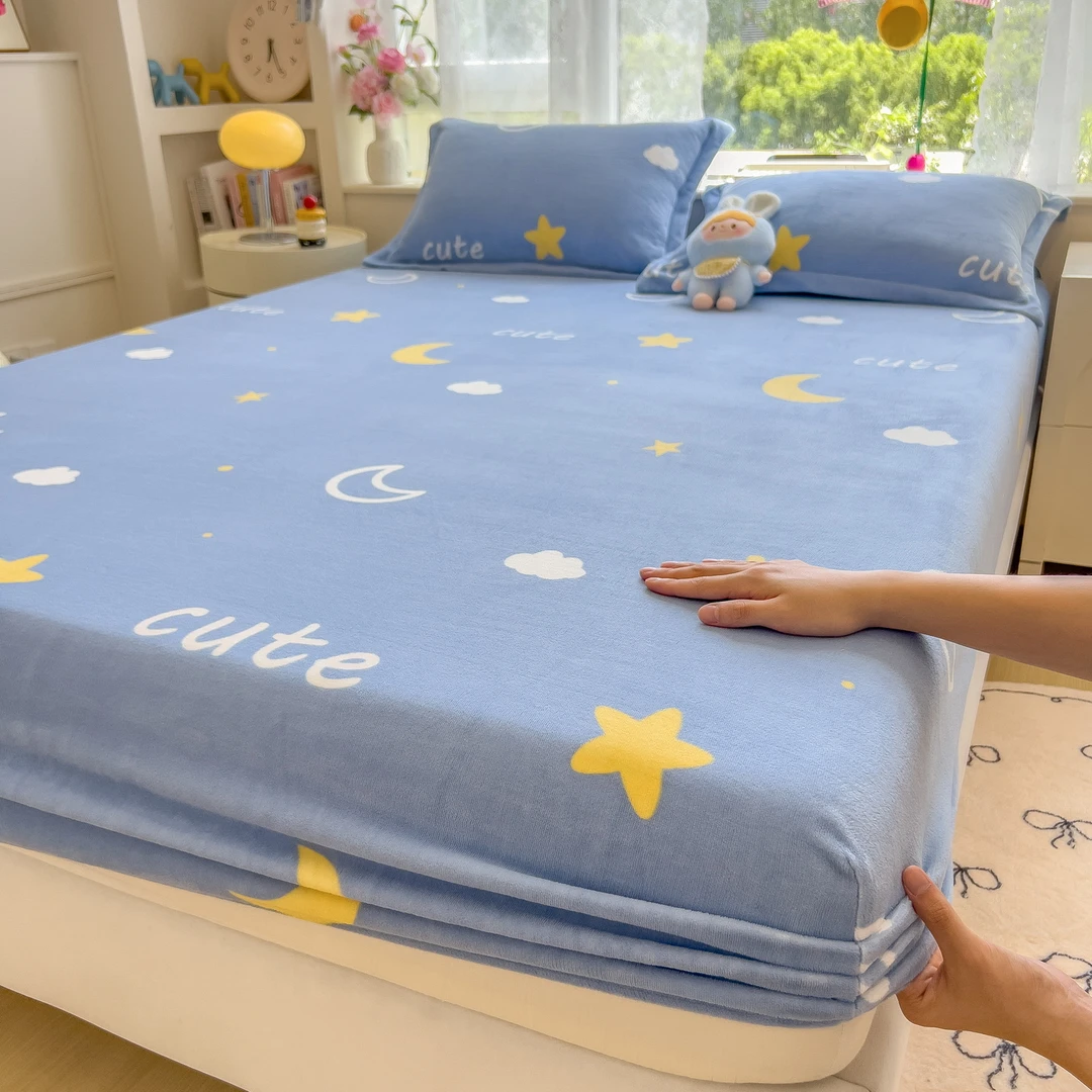 儿童家用保暖牛奶绒床笠单件可爱风珊瑚绒床垫保护罩防滑全包床套