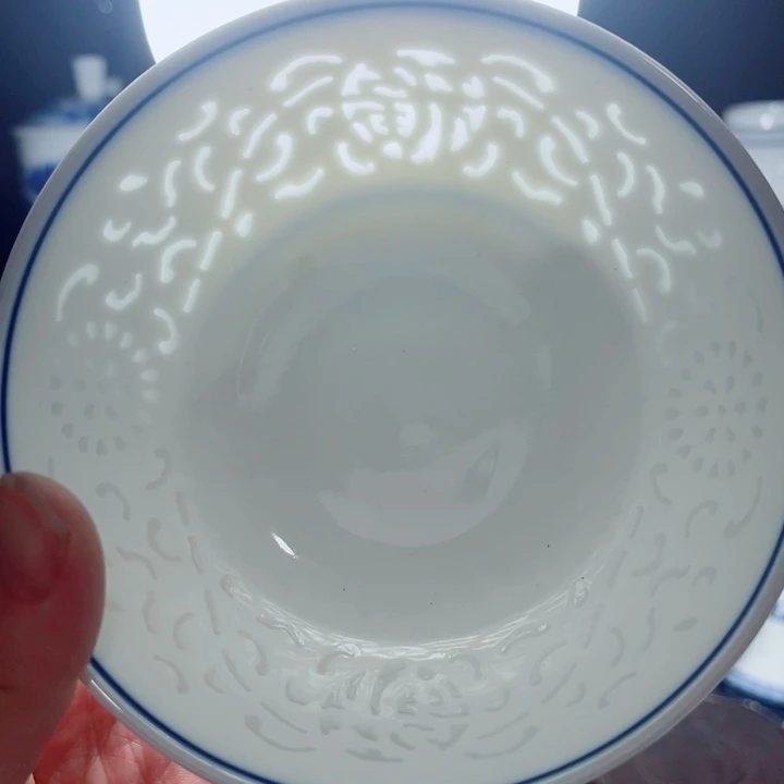 青花玲珑5寸饭碗满雕双福双线