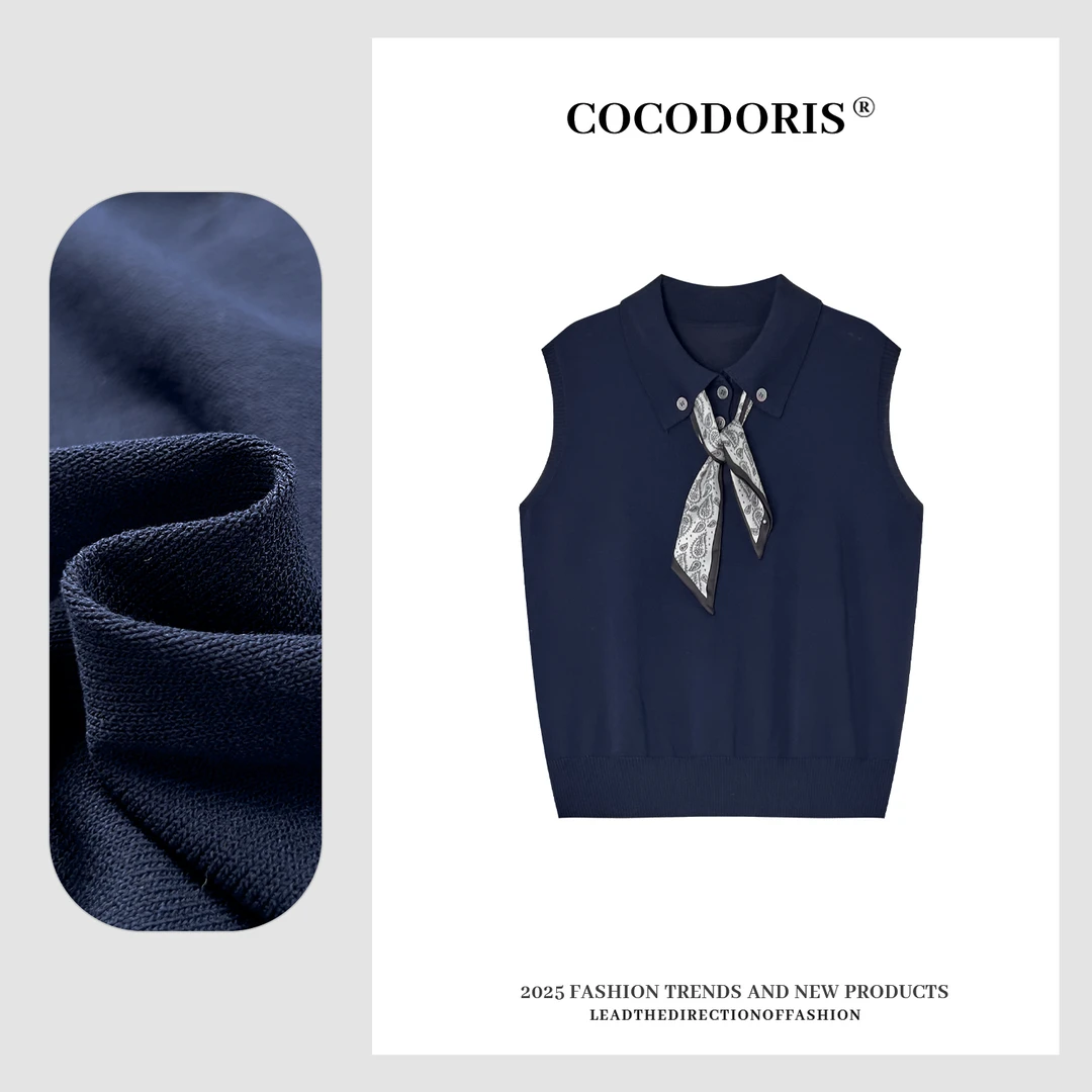 COCO DORIS 新款气质丝巾翻领针织短袖夏季通勤休闲百搭上衣7847