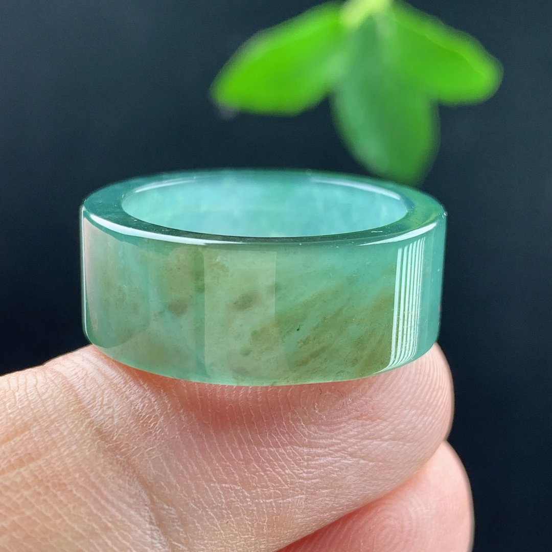 内径20.4玉石老坑料冰润天然A货翡翠黄色绿色素面方宽边戒指环