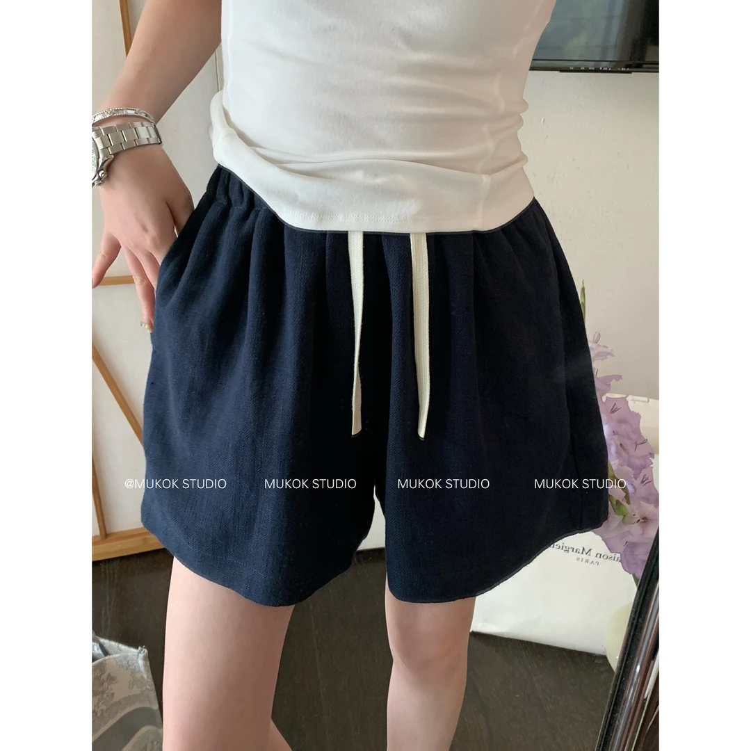 MUKOK  极简主义~70棉30亚麻透气舒适小个子高腰宽松短裤