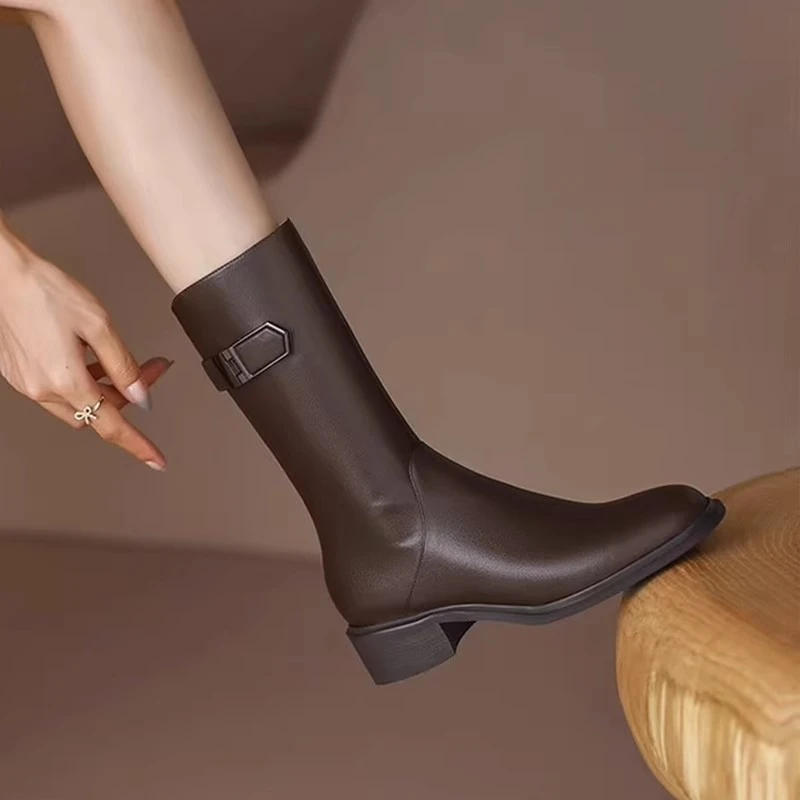 全牛皮复古英伦风骑士靴女粗跟2025秋冬新款中筒靴女短靴