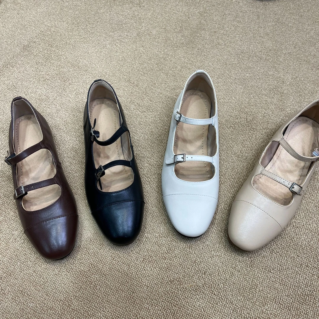 牛皮夏季玛丽珍双带浅口百搭时尚平底圆头温柔小单鞋