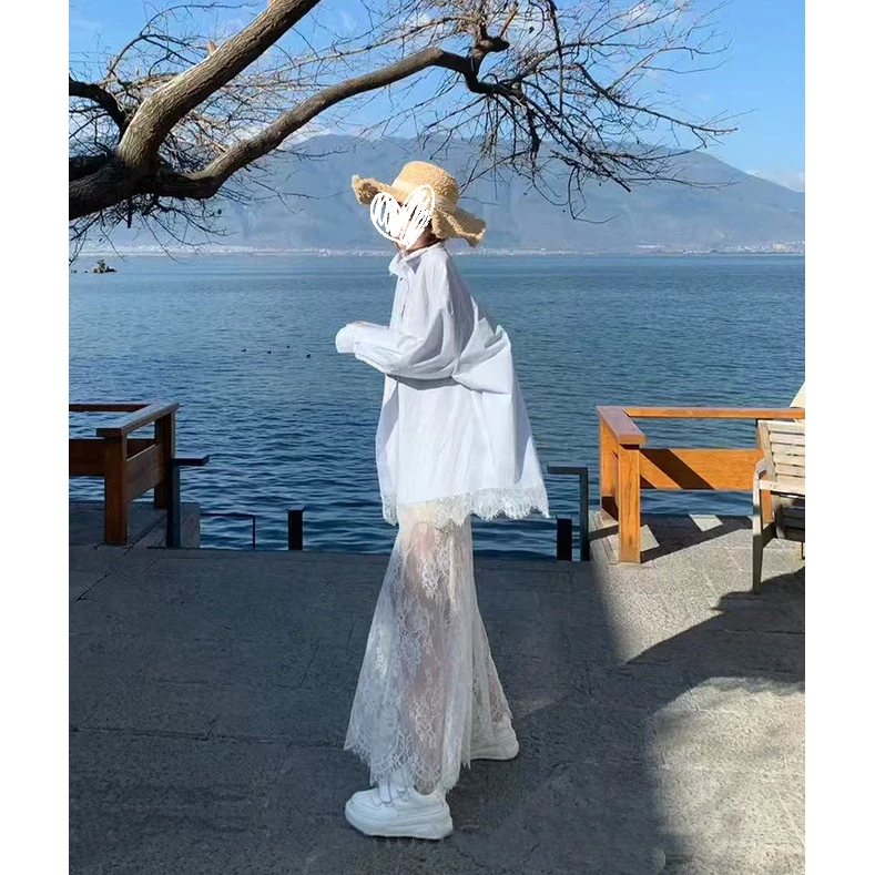 【冰岛慕斯】宽松百搭蕾丝衬衫/显瘦包臀长款蕾丝半身裙套装A1201