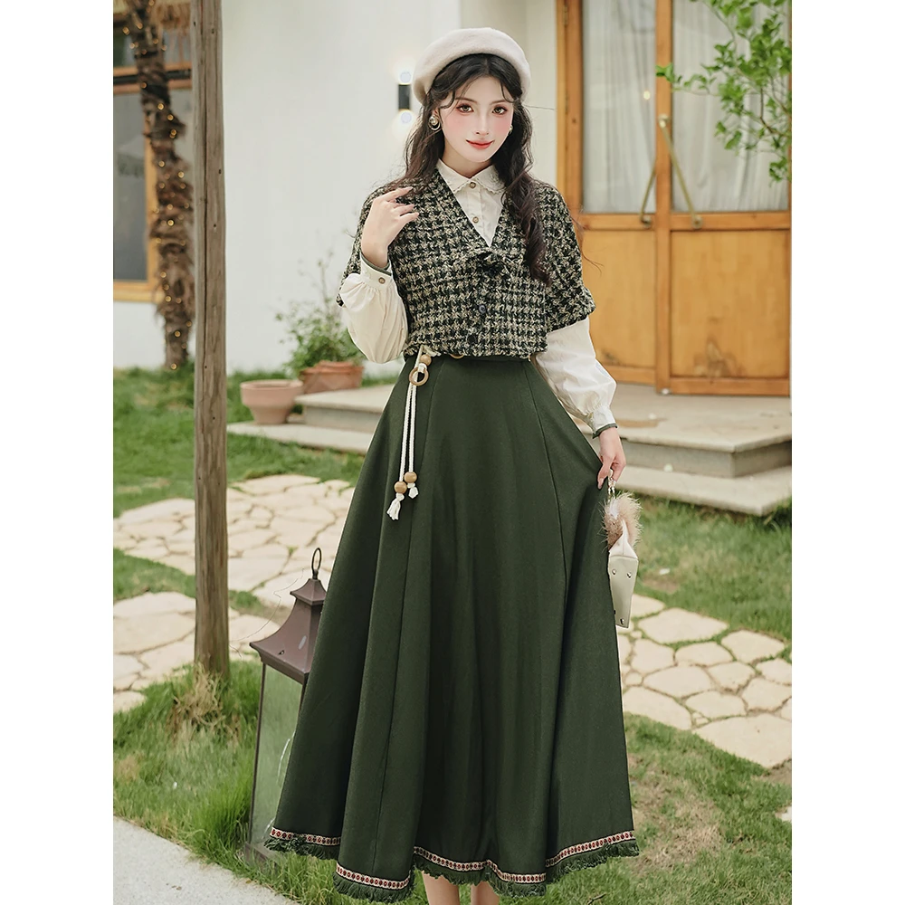 秋冬国风汉元素汉服复古风绣花长袖上衣+马甲+A字半裙套装6566