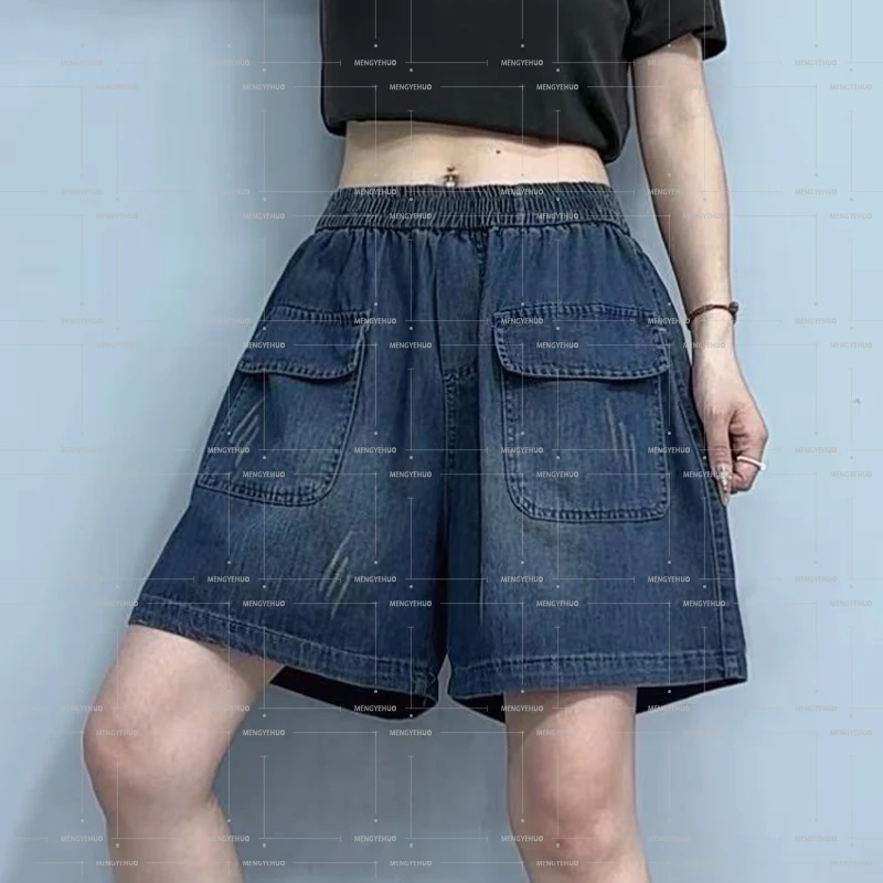 复古大口袋牛仔短裤女夏季韩版高腰宽松显瘦减龄百搭松紧腰阔腿裤